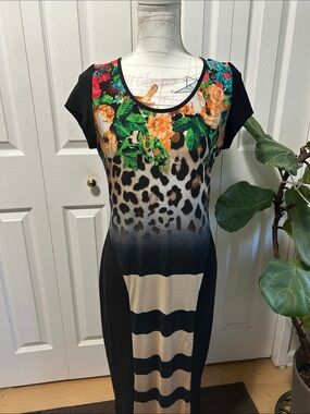 Joseph Ribkoff Black Midi Dress with Floral & Leopard Accents